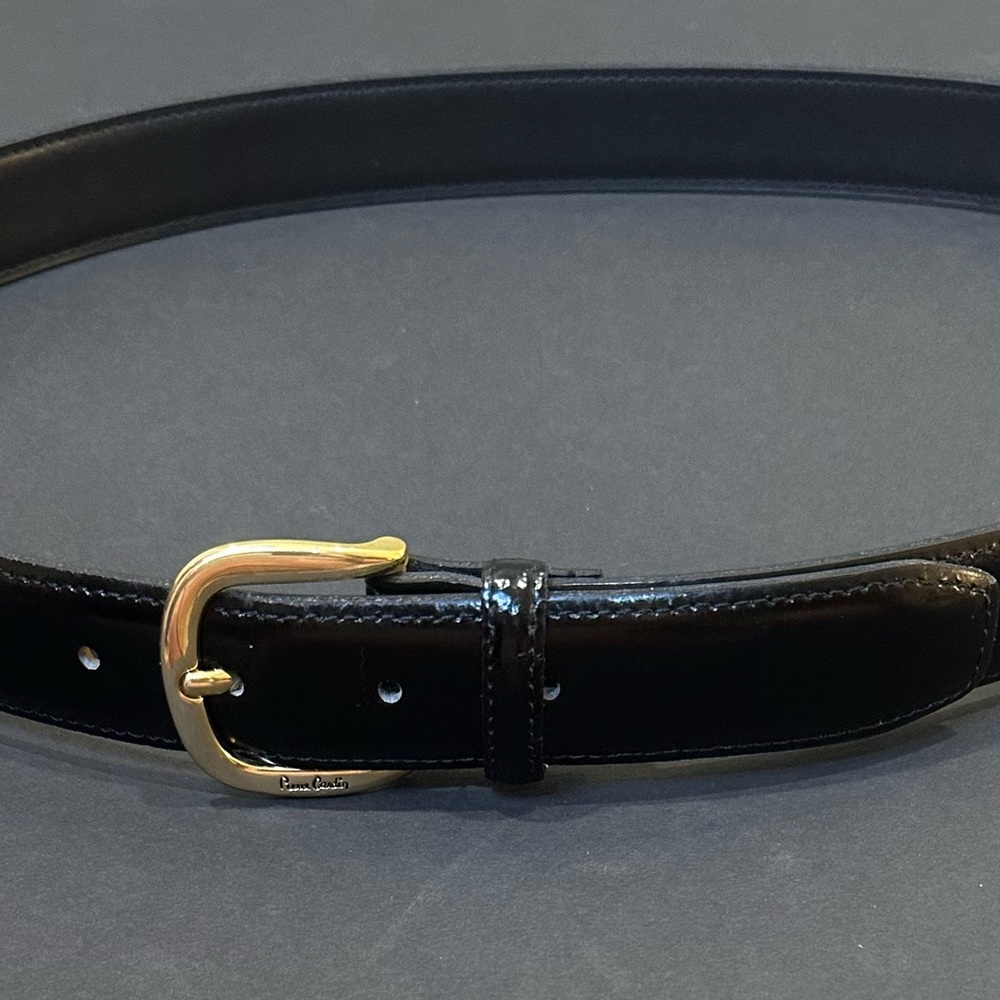 🌟HP🌟VTG 2000s Pierre Cardin Designer Black Leather Dress Belt Gold Buckle USA 39 - Picture 2 of 10